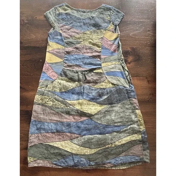 VBN Moda Italy Linen Dress Multicolor Abstract‎ Art Wave Print Patchwork Medium - Picture 4 of 8